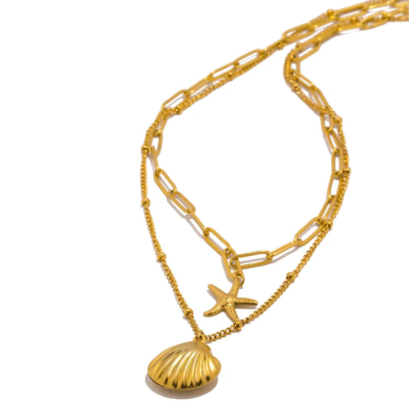 Double Strand Necklace with Shell Pendants, Scallop Shell and Starfish