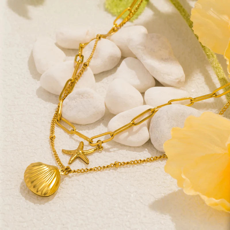 Double Strand Necklace with Shell Pendants, Scallop Shell and Starfish