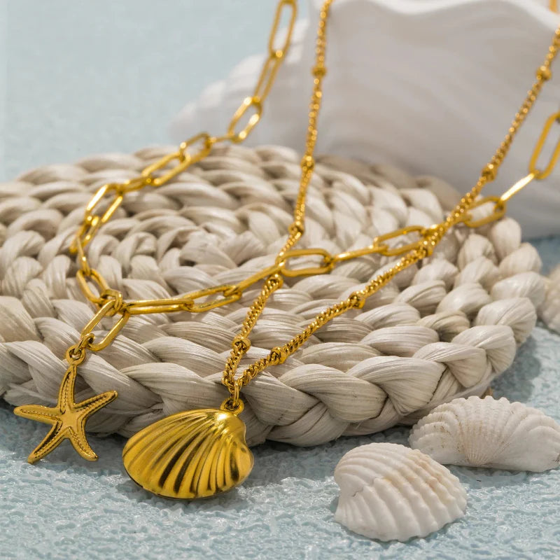 Double Strand Necklace with Shell Pendants, Scallop Shell and Starfish