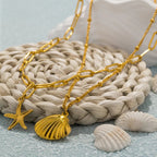 Double Strand Necklace with Shell Pendants, Scallop Shell and Starfish