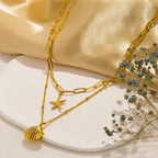 Double Strand Necklace with Shell Pendants, Scallop Shell and Starfish