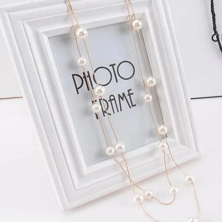 Long Double Necklace with Large White Gold Pearls