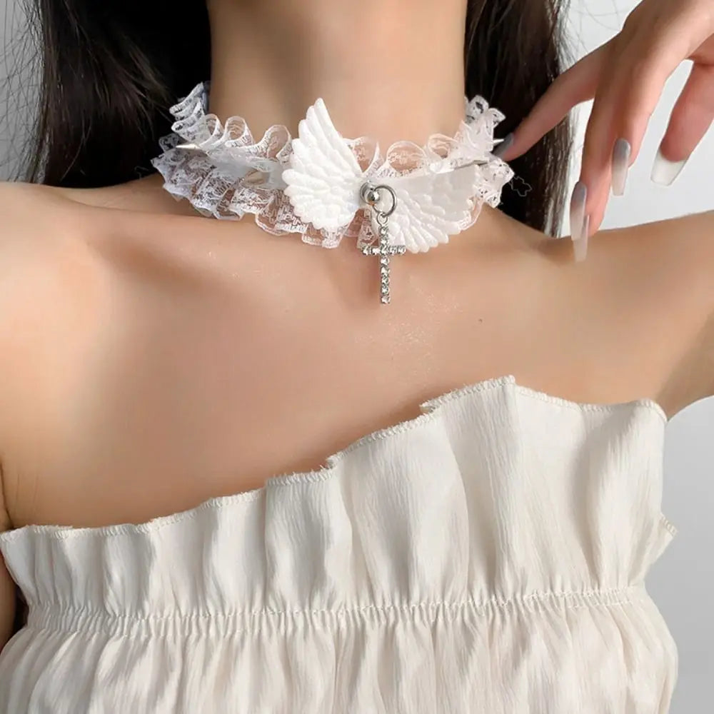 Lace necklace with angel wings pendant
