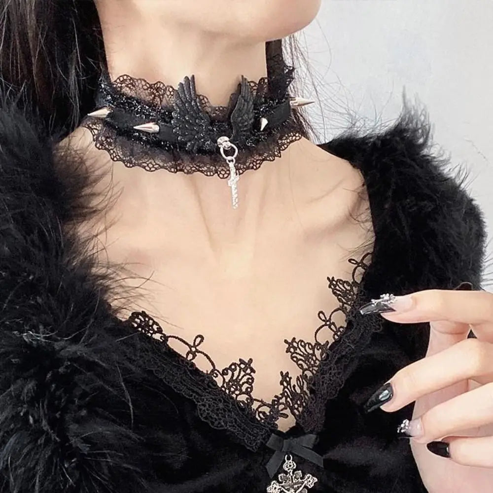 Lace necklace with angel wings pendant