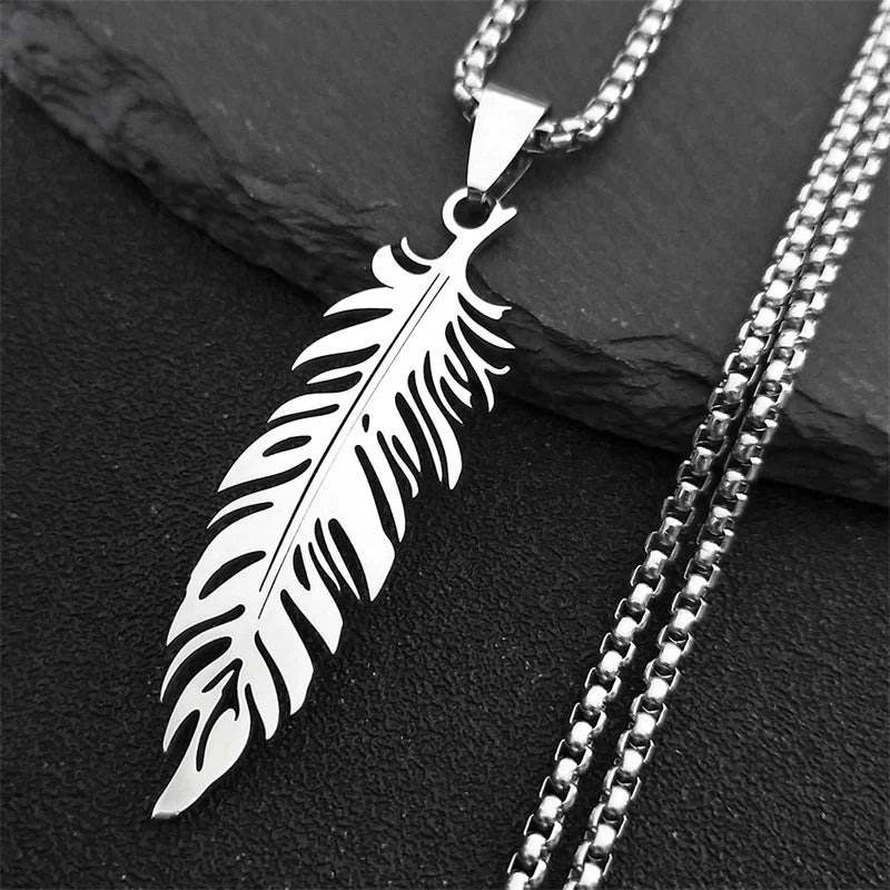 Collar y colgante de pluma en acero inoxidable 