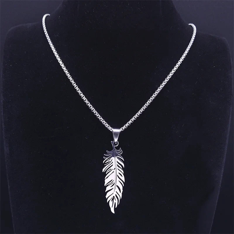 Collier et pendentif plume en acier inoxydable argent