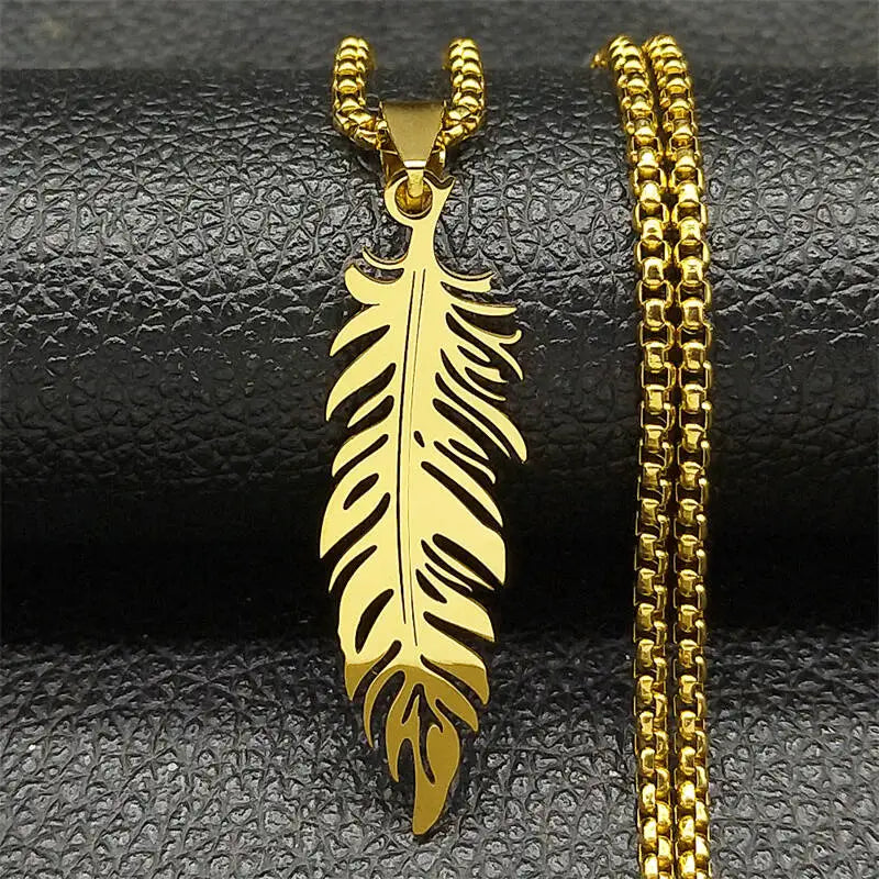 Collar y colgante de pluma en acero inoxidable 