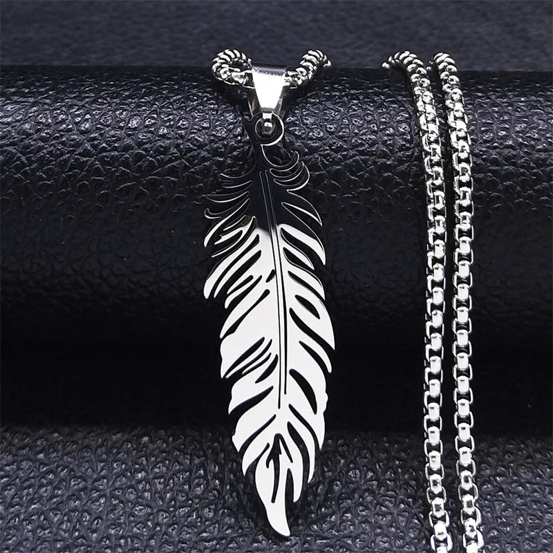 Collier et pendentif plume en acier inoxydable argent