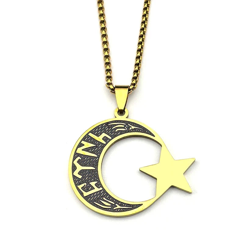 Collier homme "türk" en runes göktürk: croissant de lune et étoile or