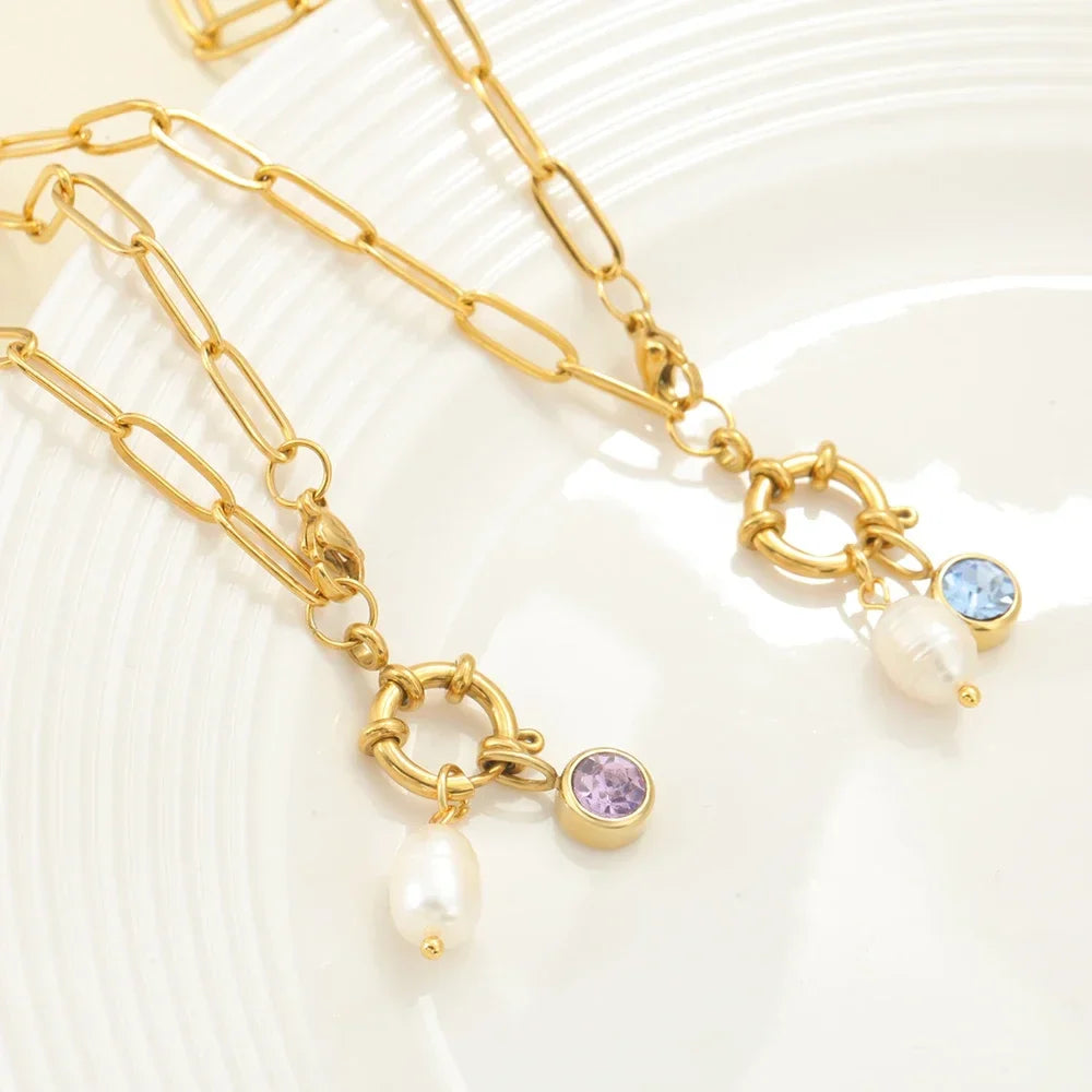 Collar de eslabones con colgante de perla y piedra de nacimiento 