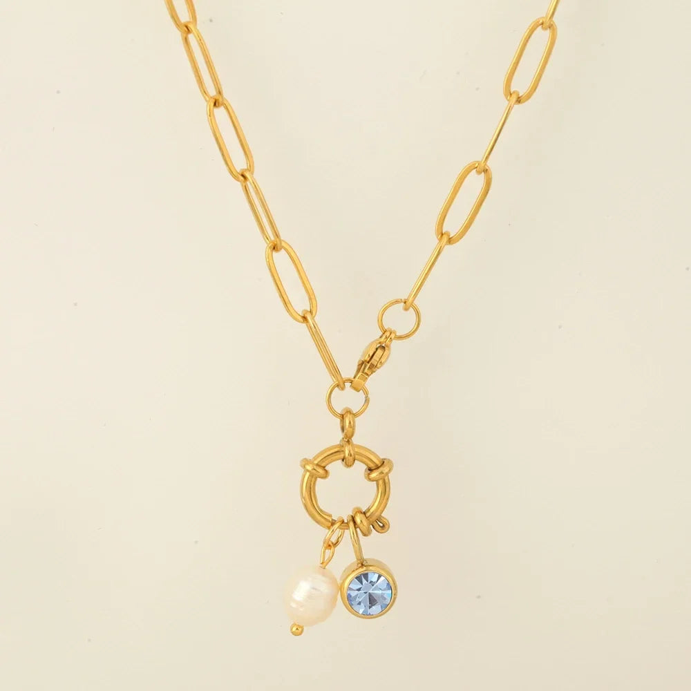 Collar de eslabones con colgante de perla y piedra de nacimiento 