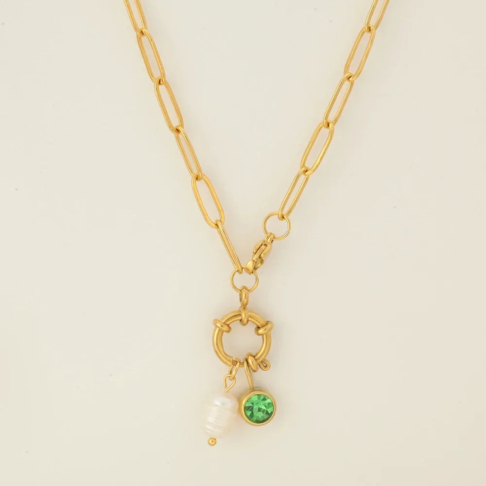 Collar de eslabones con colgante de perla y piedra de nacimiento 
