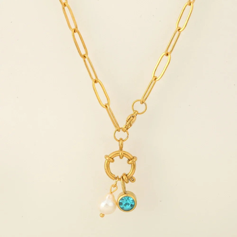 Collar de eslabones con colgante de perla y piedra de nacimiento 