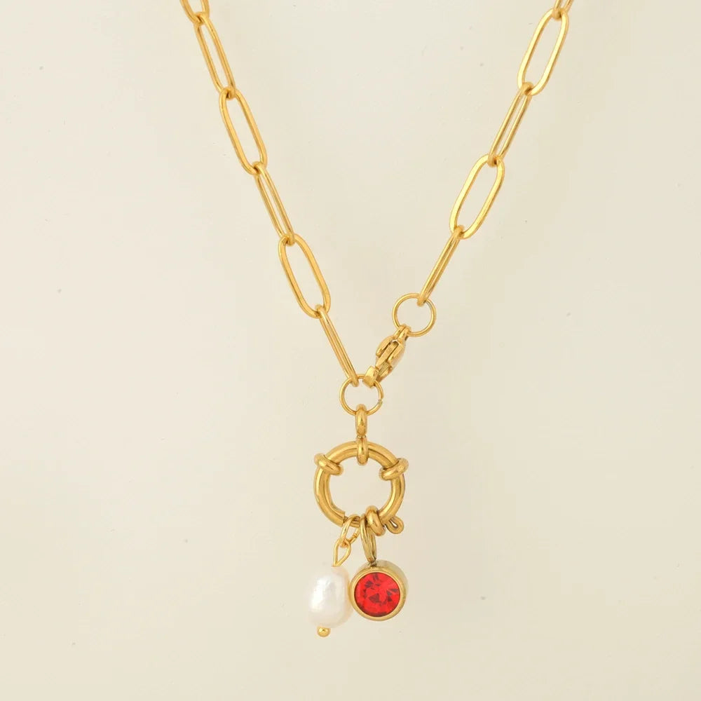 Collar de eslabones con colgante de perla y piedra de nacimiento 