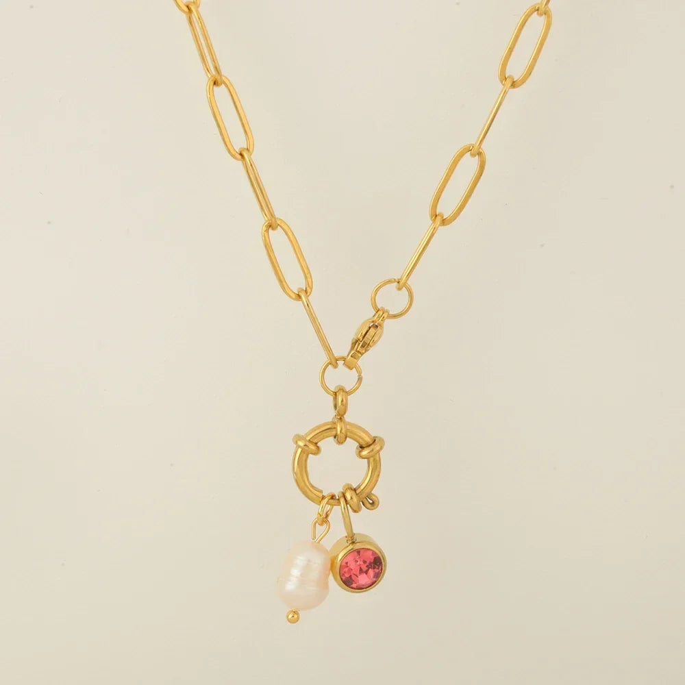 Collar de eslabones con colgante de perla y piedra de nacimiento 