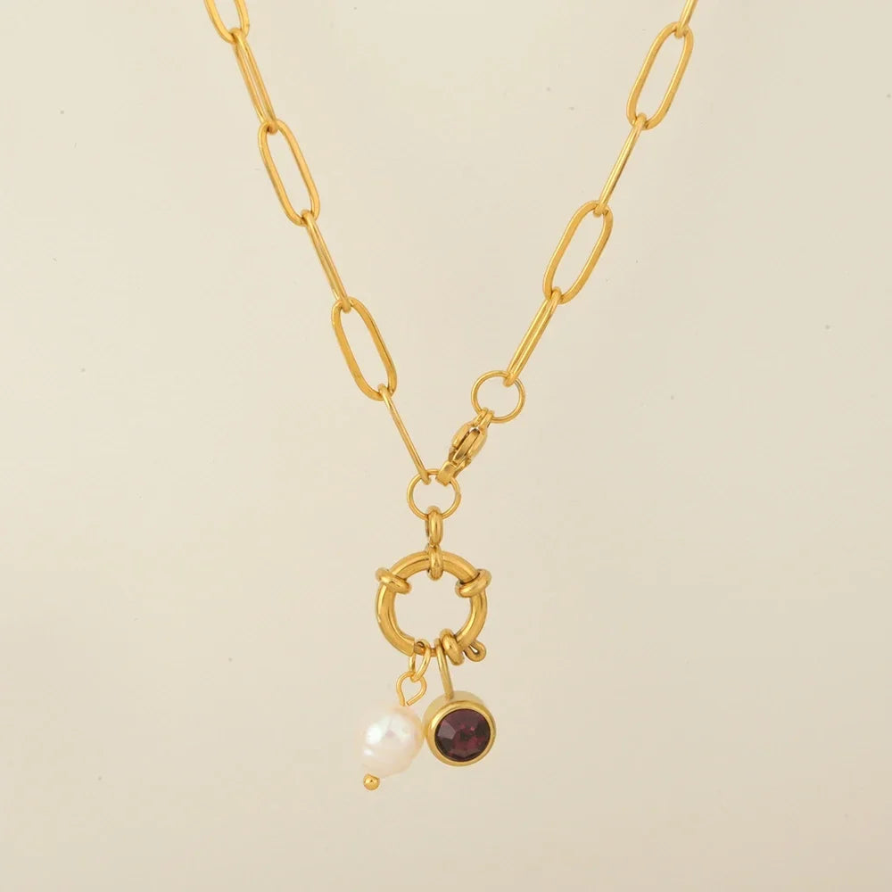 Collar de eslabones con colgante de perla y piedra de nacimiento 