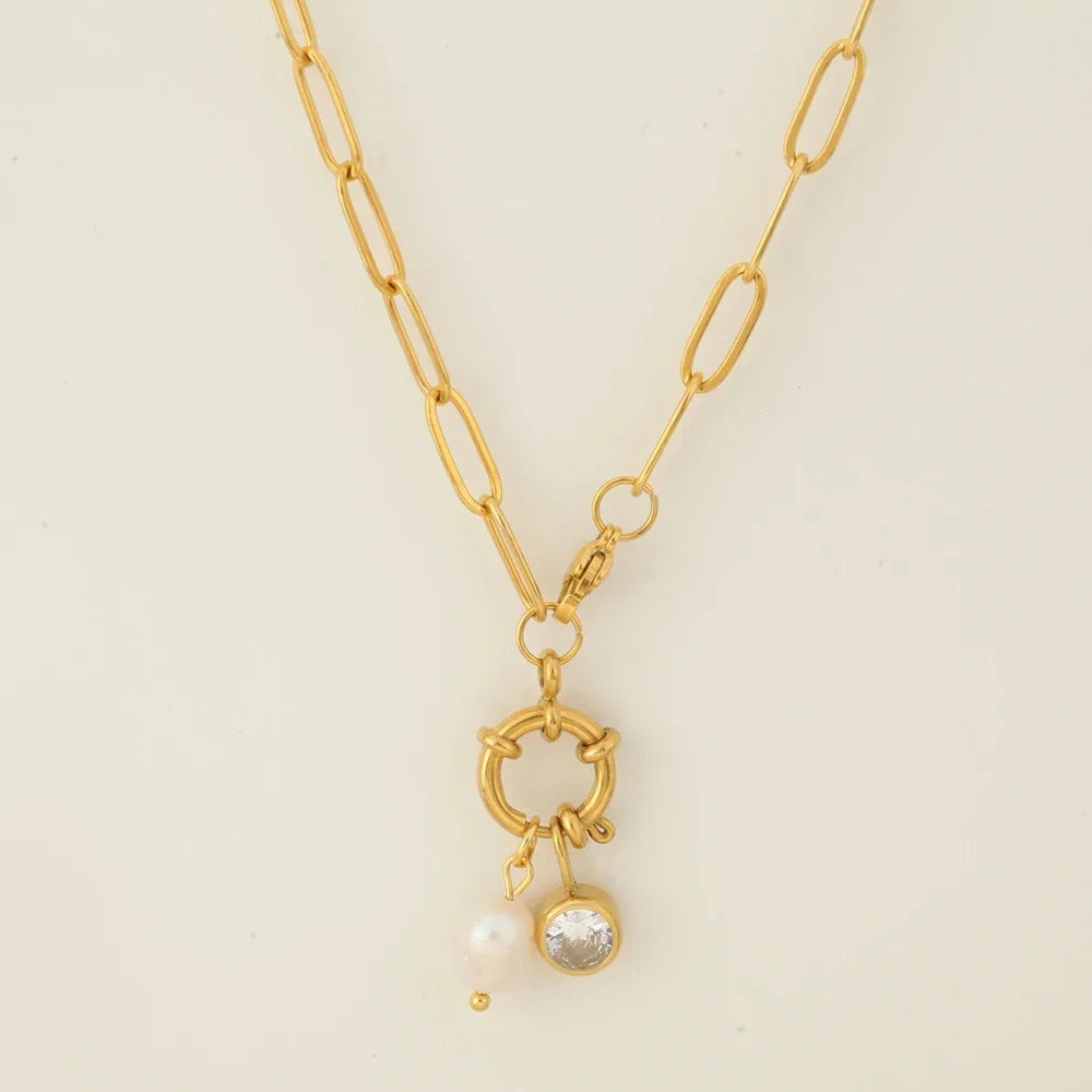 Collar de eslabones con colgante de perla y piedra de nacimiento 