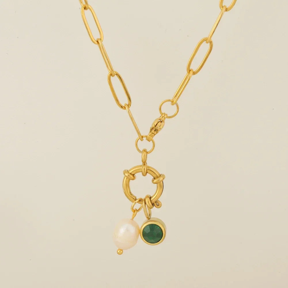 Collar de eslabones con colgante de perla y piedra de nacimiento 