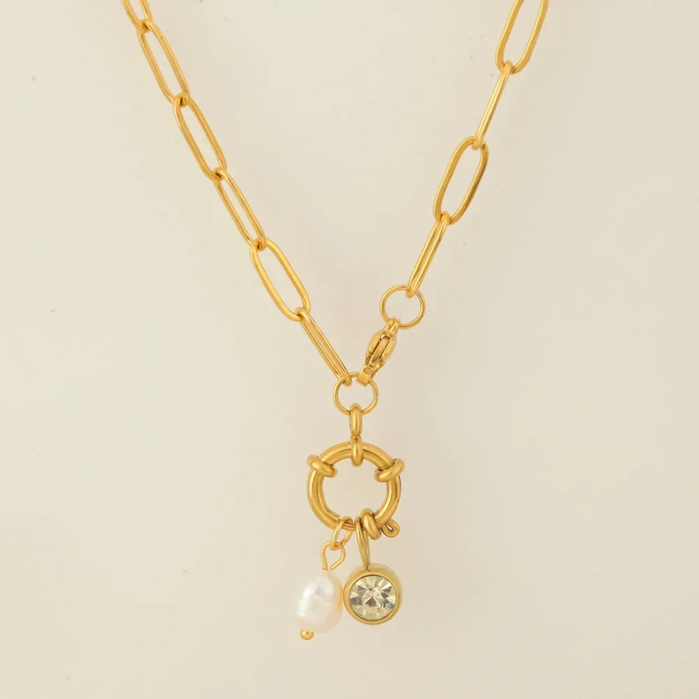 Collar de eslabones con colgante de perla y piedra de nacimiento 