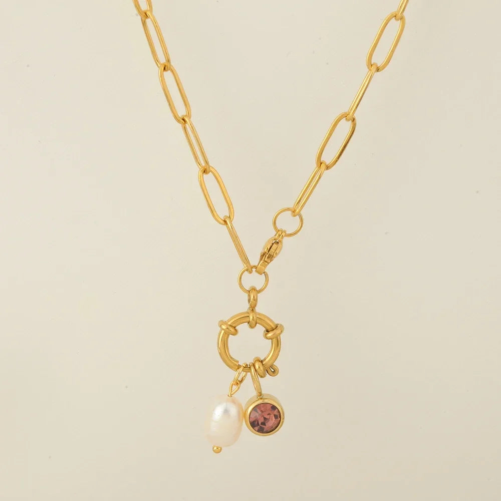 Collar de eslabones con colgante de perla y piedra de nacimiento 