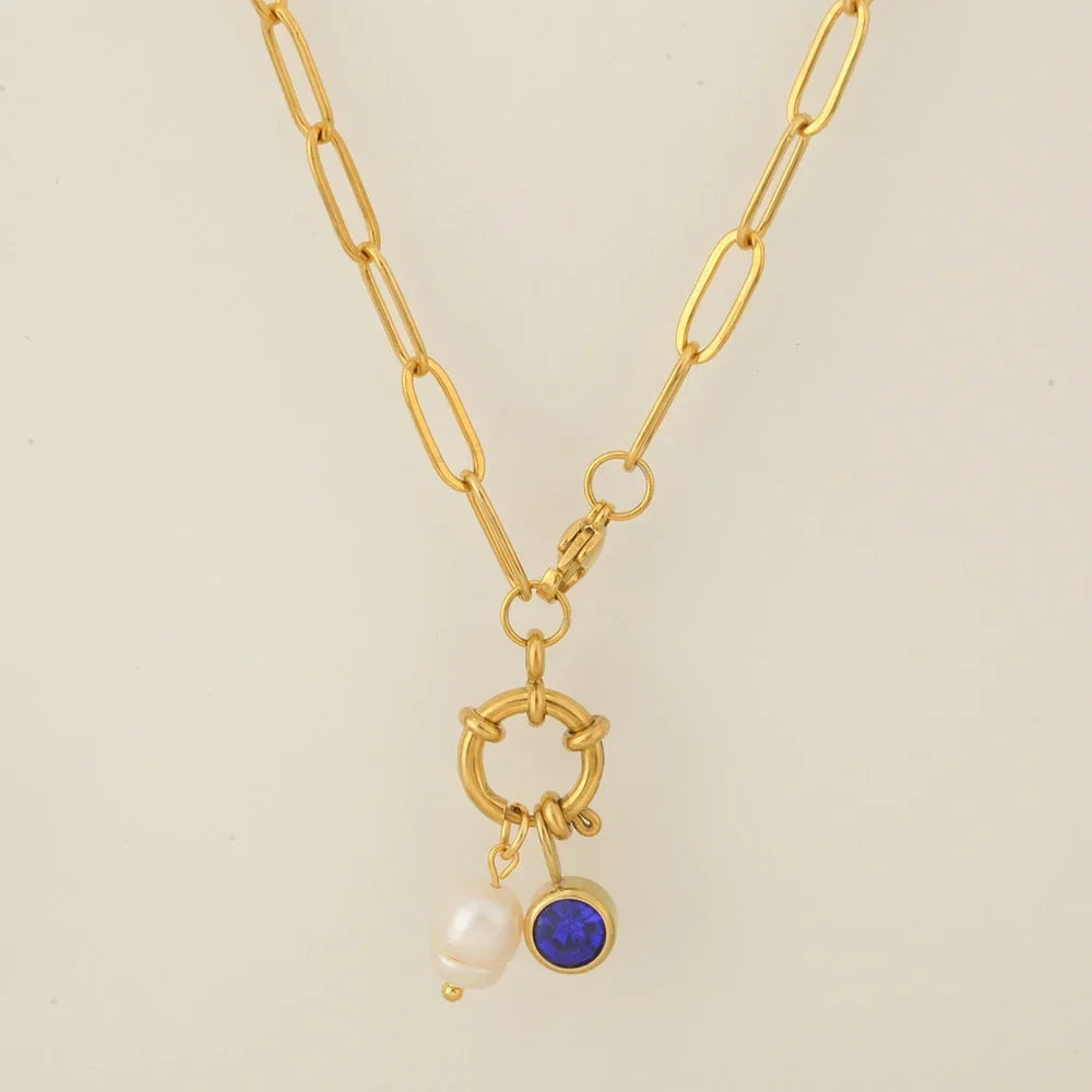 Collar de eslabones con colgante de perla y piedra de nacimiento 