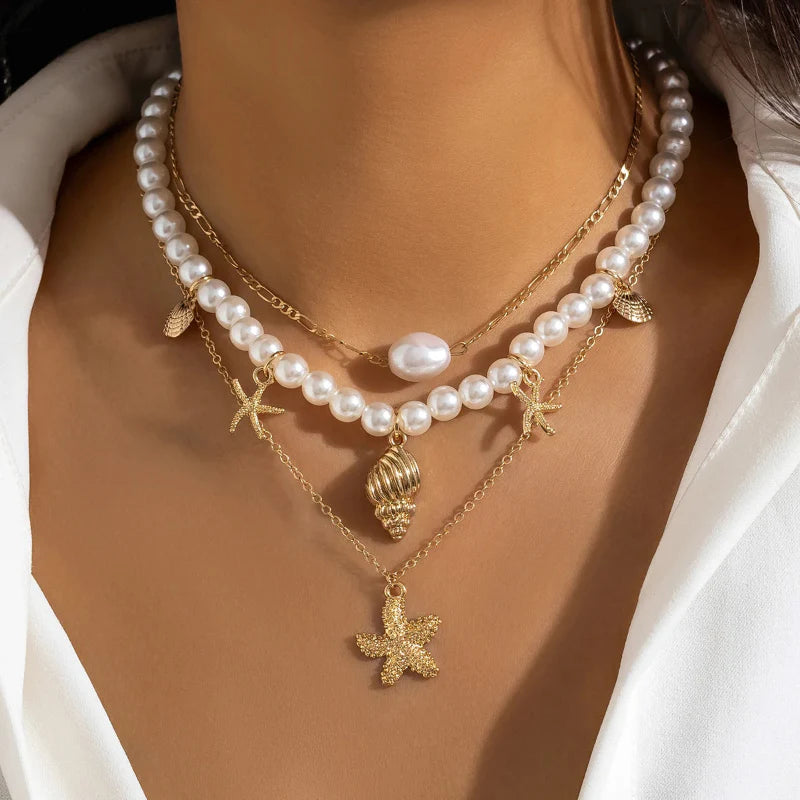 Multi-Strand Necklace with Shell and Starfish Pendants