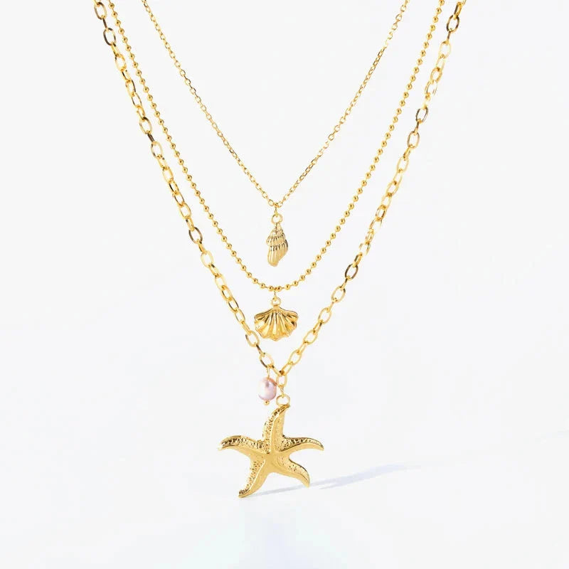 Multi-Strand Necklace with Shell Pendant Starfish Conch Scallop Shell
