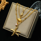 Multi-Strand Necklace with Shell Pendant Starfish Conch Scallop Shell