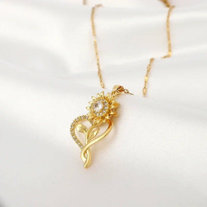 Pendant Necklace with Heart and Spinning Sunflower Anti-Stress