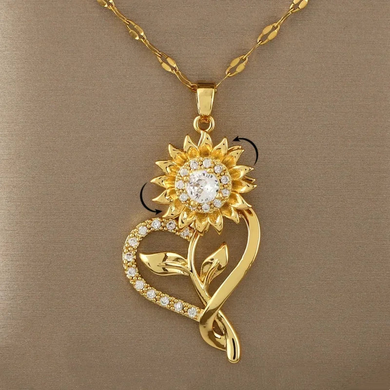 Pendant Necklace with Heart and Spinning Sunflower Anti-Stress