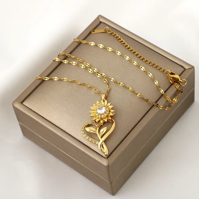 Pendant Necklace with Heart and Spinning Sunflower Anti-Stress