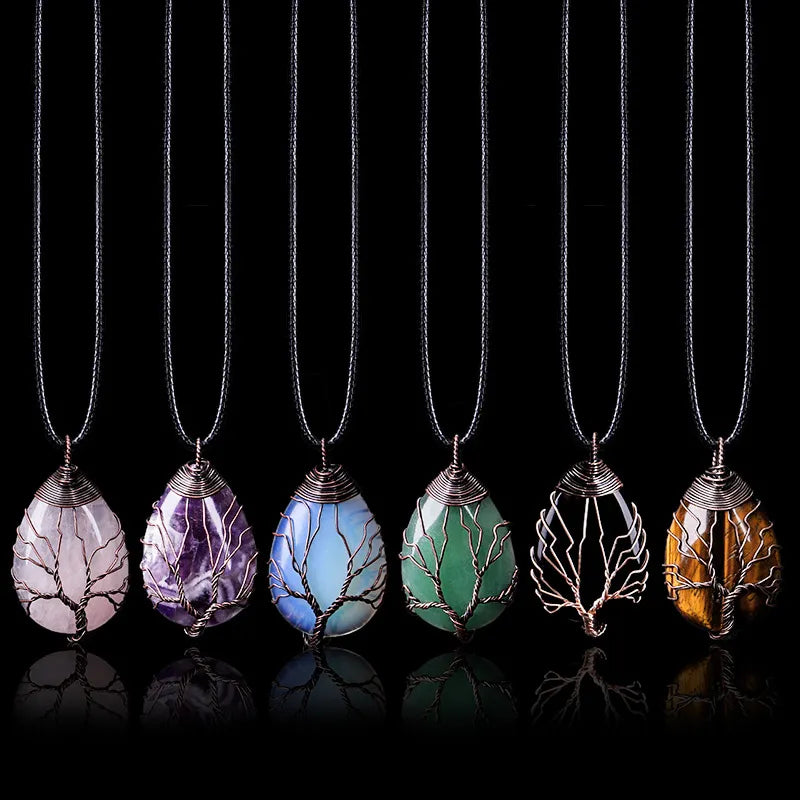 Collier Pendentif Boule Pierre Naturelle Arbre de Vie