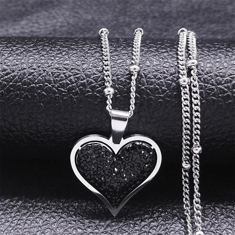 Heart & Zircon Pendant Necklace silver and black