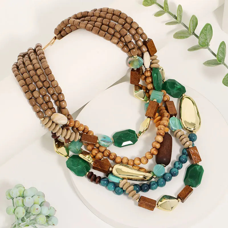 Collar Colgante de Perlas y Madera verde