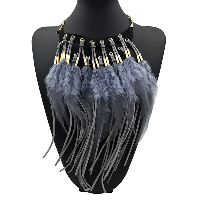 Ethnic Feather Choker Pendant Necklace Gray