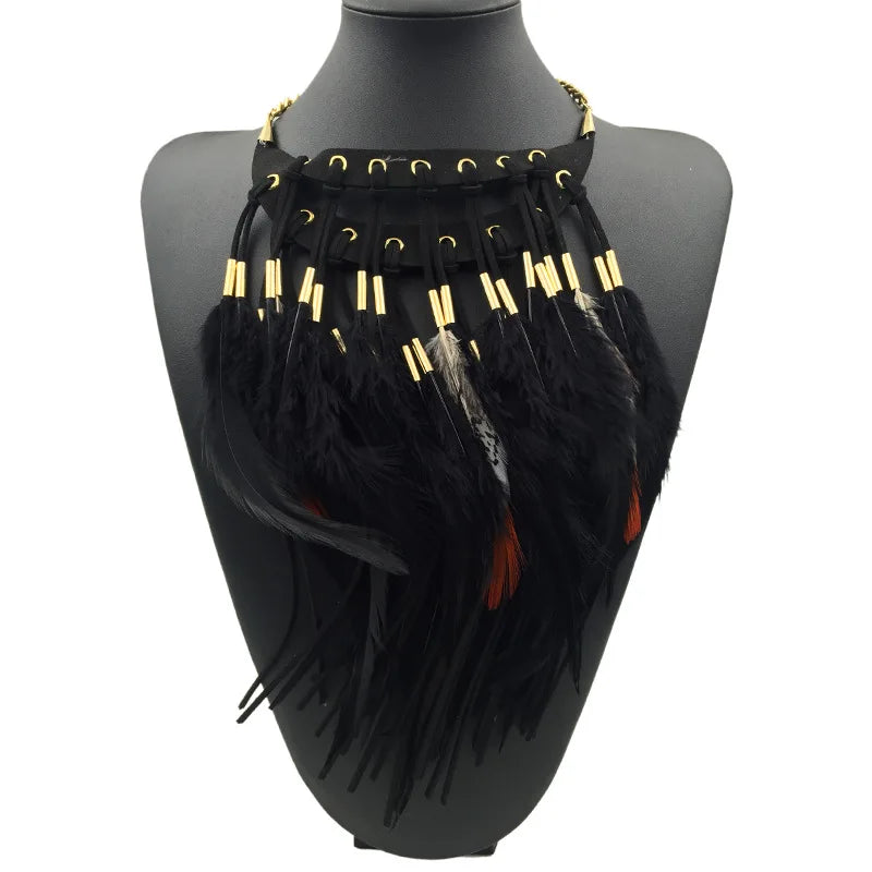 Ethnic Feather Choker Pendant Necklace Black