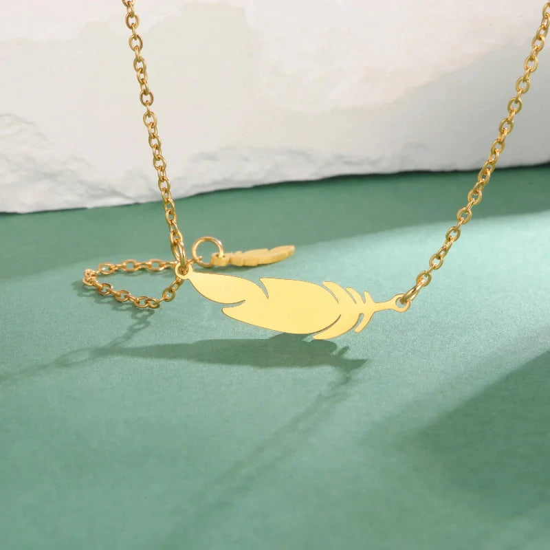 Fine Feather Pendant Necklace style b gold