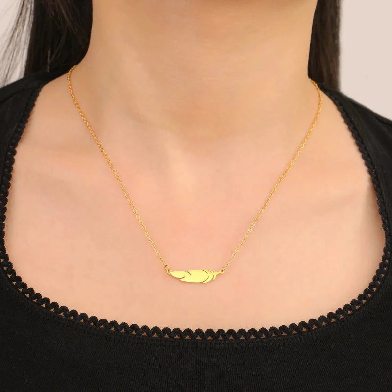 Fine Feather Pendant Necklace style b gold