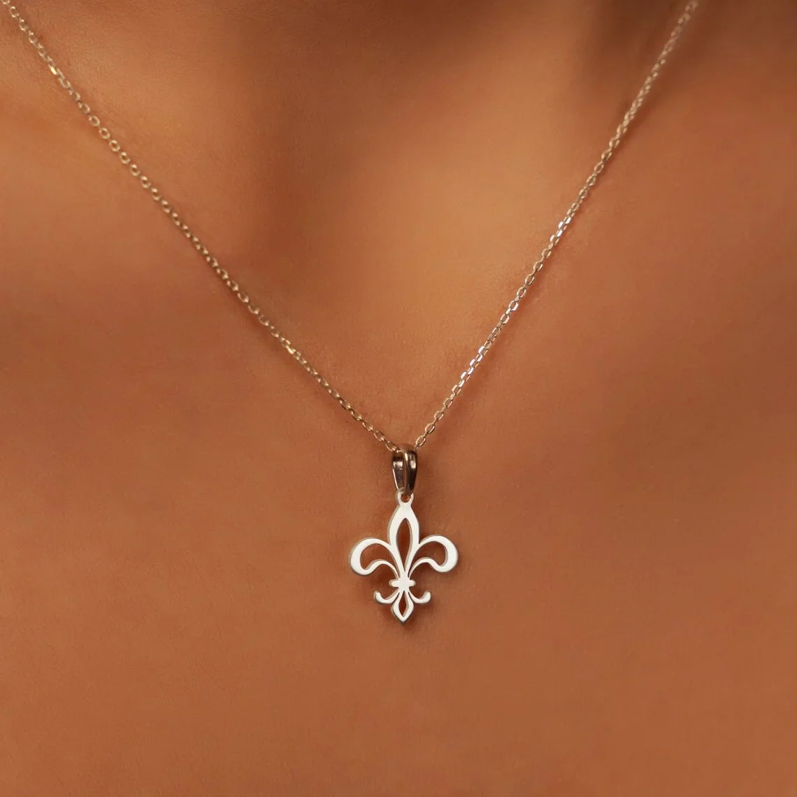 Collar y Colgante Flor de Lis Cadena y Medallón de plata