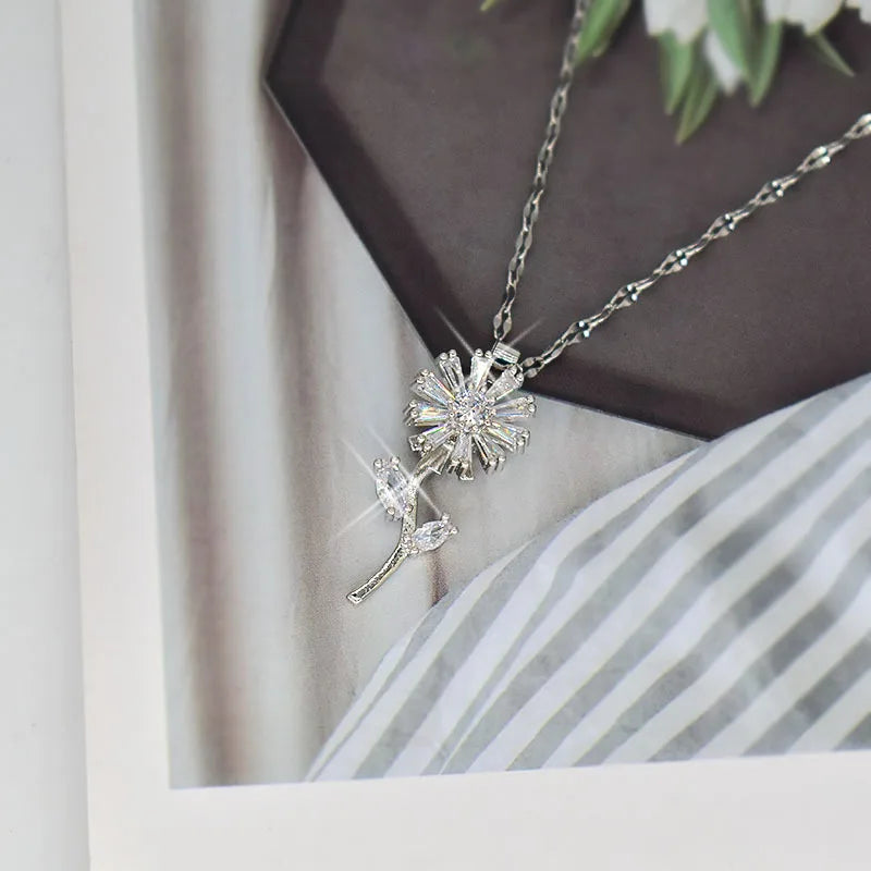 Collier Pendentif Fleur de Tournesol Tournante Anti-Stress argent