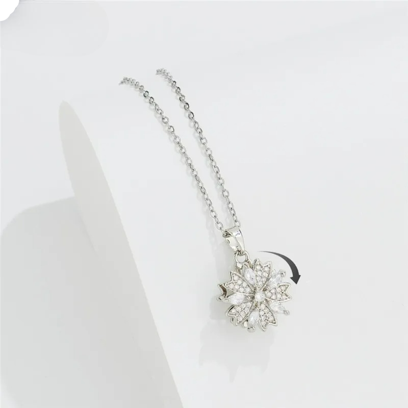 Collar Colgante Flor de Circonita Giratoria Anti-Estrés plata