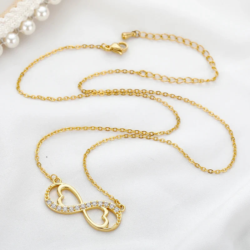Infinity Heart and Zircon Pendant Necklace Gold