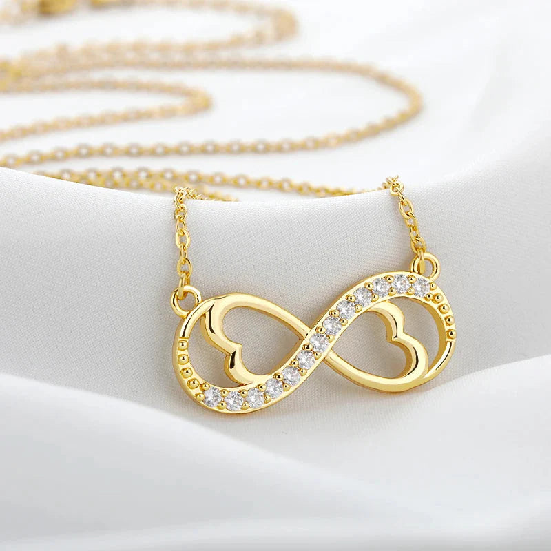 Infinity Heart and Zircon Pendant Necklace Gold