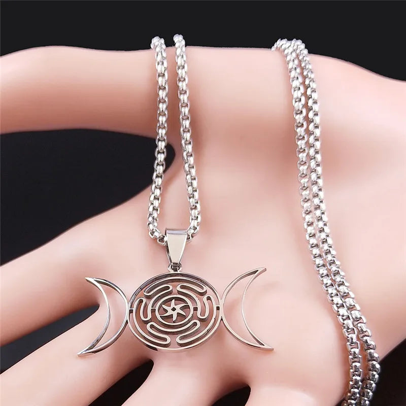 Collar Colgante Rueda de Hécate Hechicería Wicca Strophalos plata 50 cm