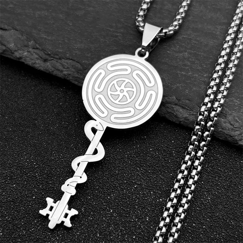 Collar con Colgante Rueda de Hécate Strophalos Brujería Wicca plata 50 cm
