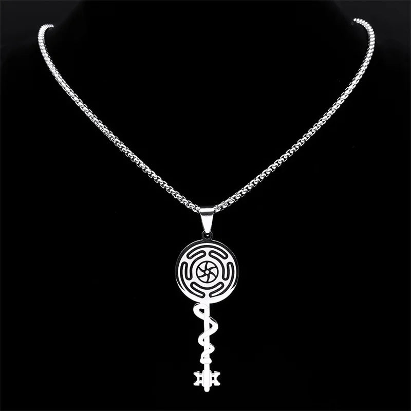 Collar con Colgante Rueda de Hécate Strophalos Brujería Wicca plata 50 cm