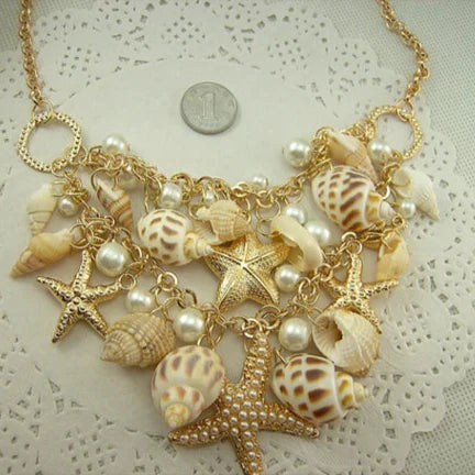Shell Starfish Conch and Pearl Pendant Necklace