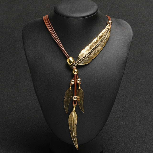Gold and Brown Feather Necklace for Women