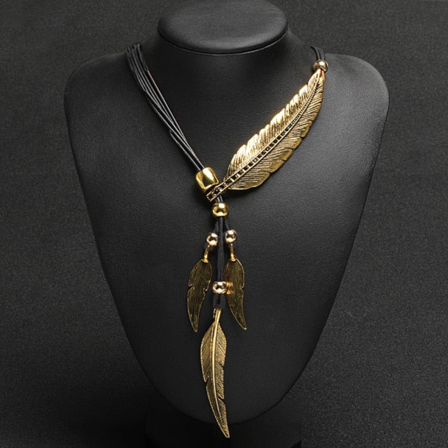 Gold and Black Feather Necklace for Women