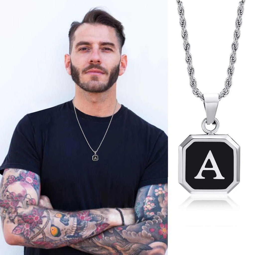 Collar para hombre con colgante hexagonal de inicial - letra 